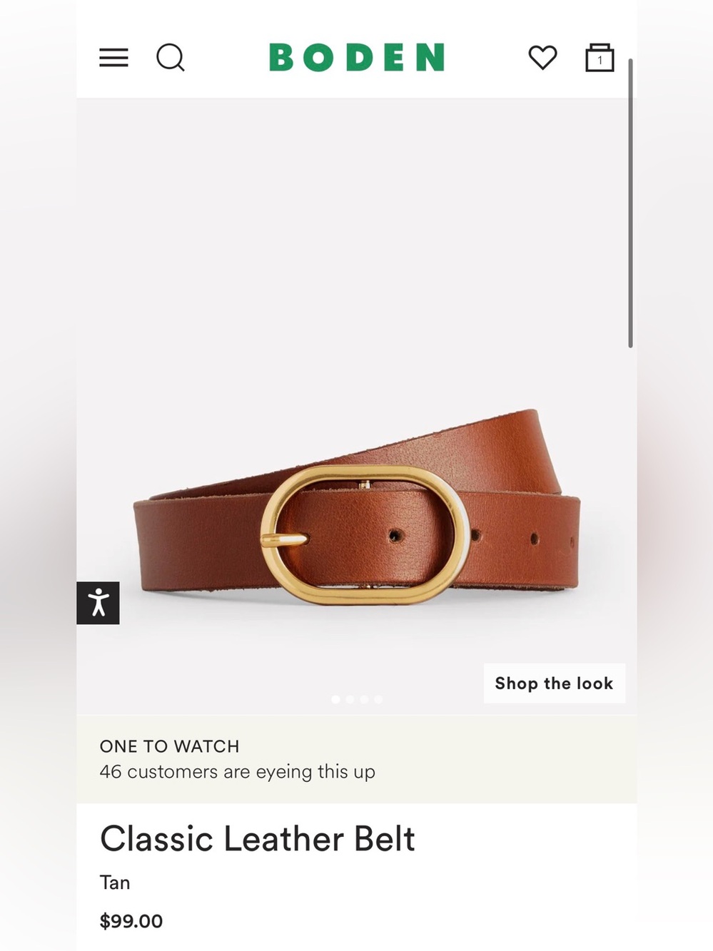 BODEN Classic Leather Belt TAN XS